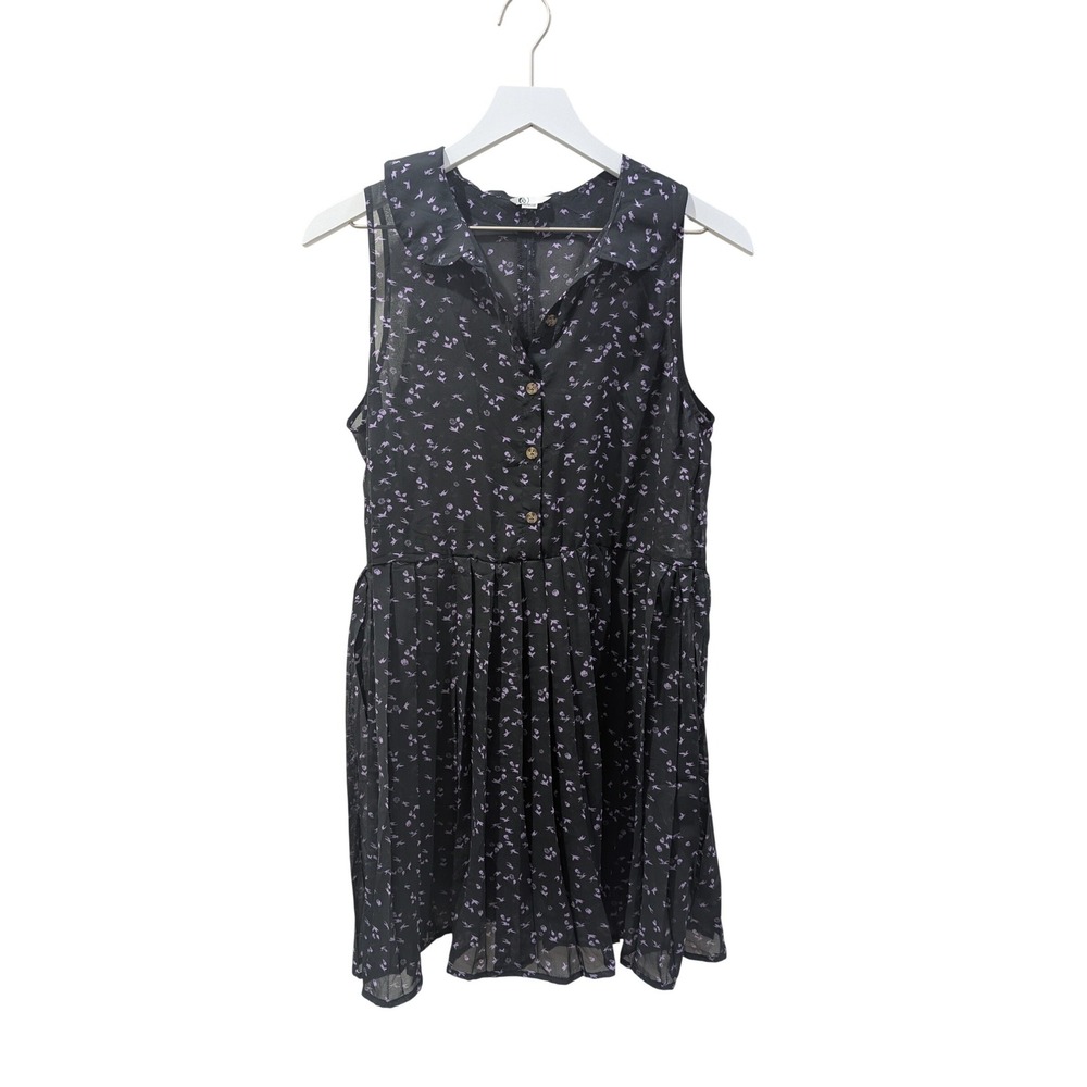 Black Sleeveless Mini Chiffon Dress Bird Print Fairy Whimsigoth Skater Pleated M